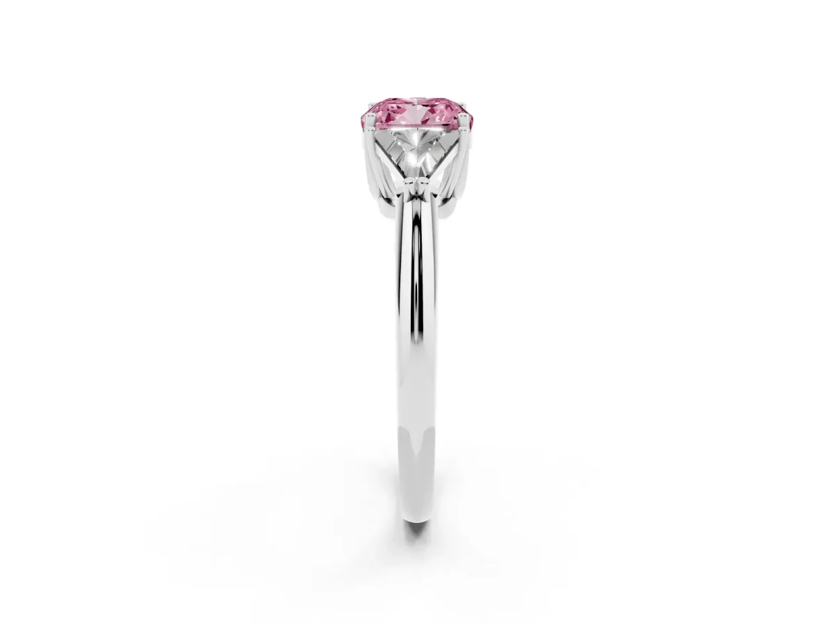 Fancy Pink Three-Stone Cushion Cut Diamond Engagement Ring with Trillion Side Stones and Prong Setting Silver