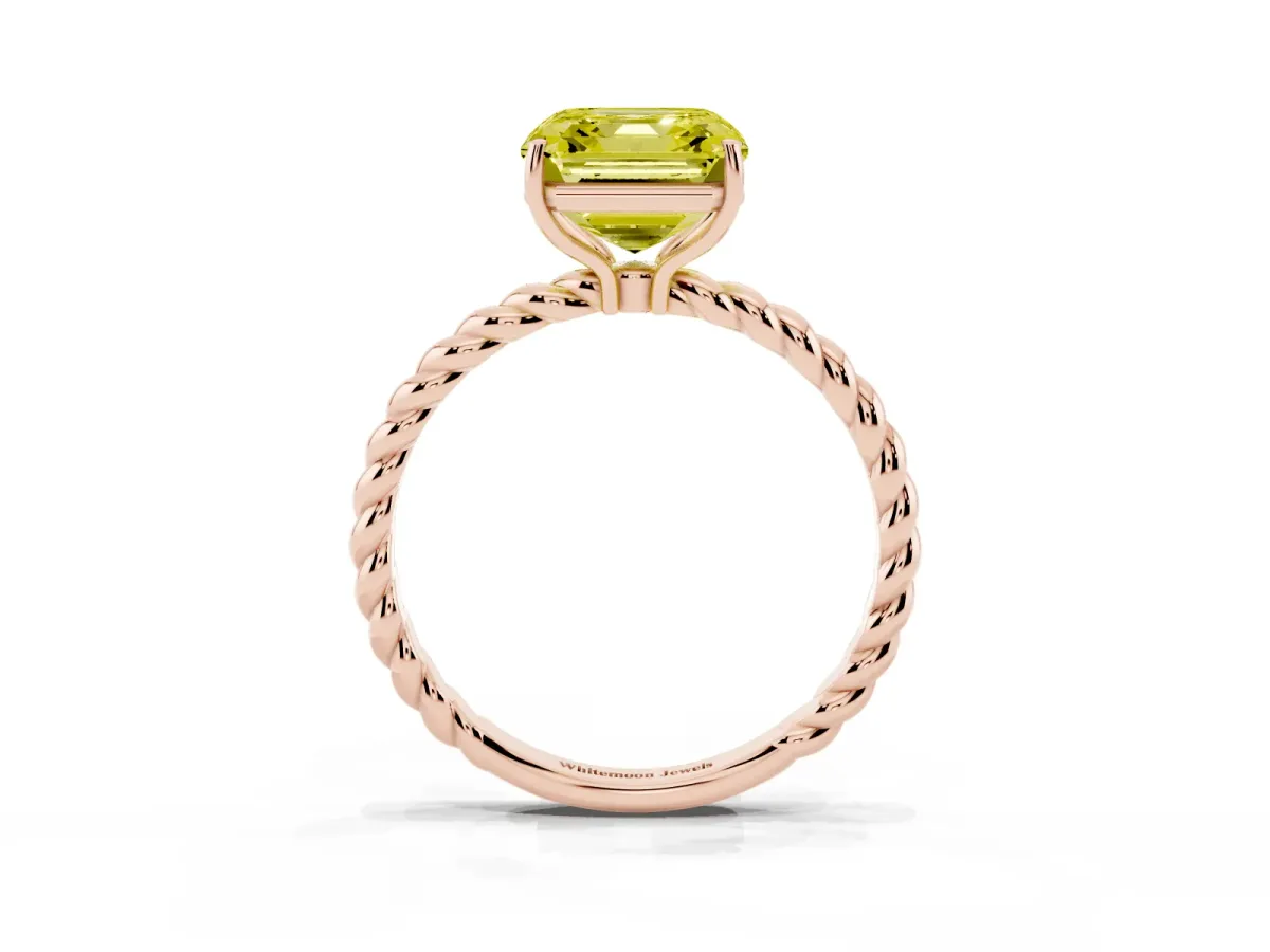 Fancy Yellow Asscher Cut Solitaire Twist Band Ring with Four-Prong Setting Rose gold