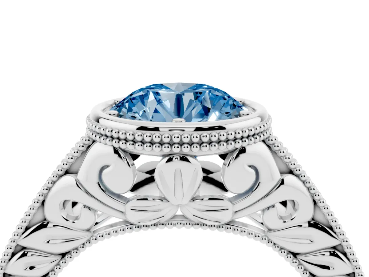 Fancy Blue Bezel Set Round Cut Diamond Milgrain Pave Engagement Ring Platinum