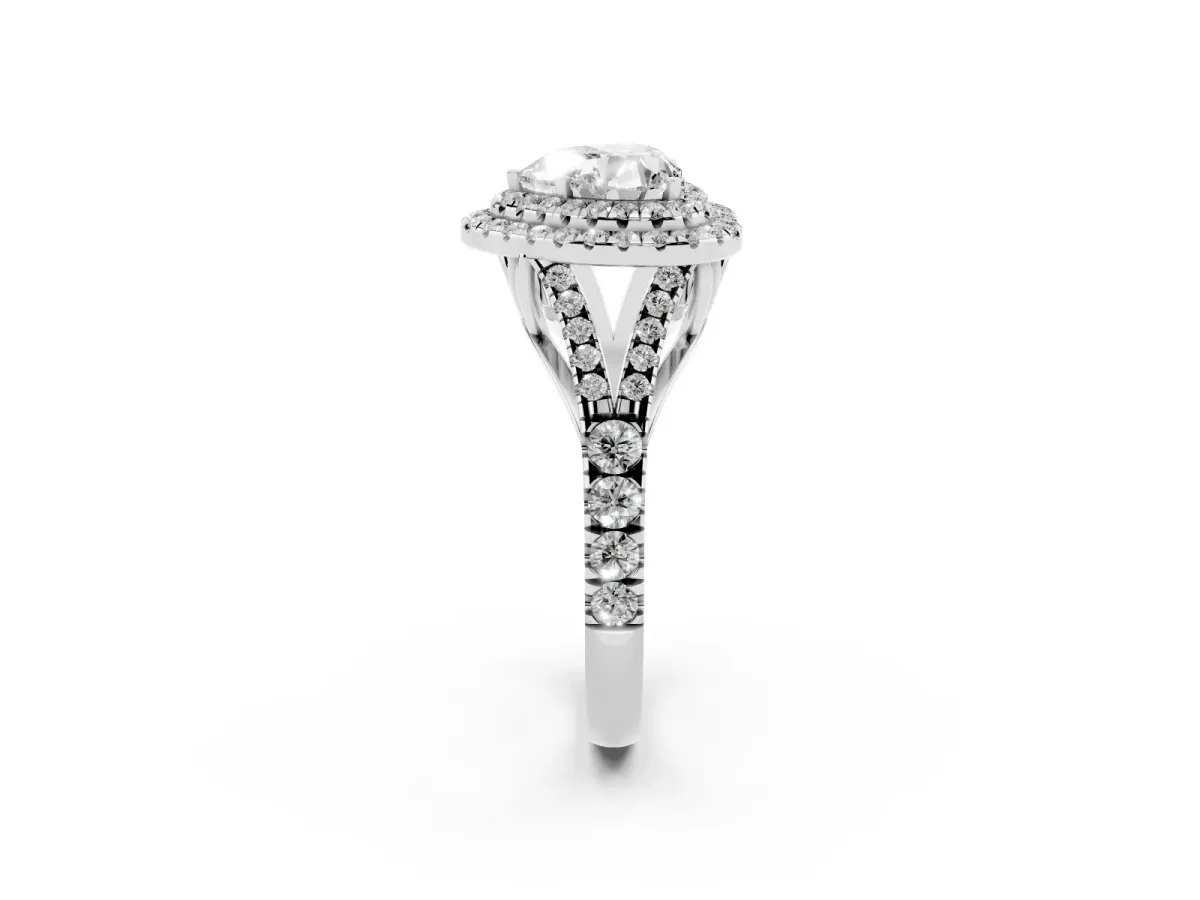 Double Halo Heart Cut Diamond Split Shank Engagement Ring with Four-Prong Setting Silver