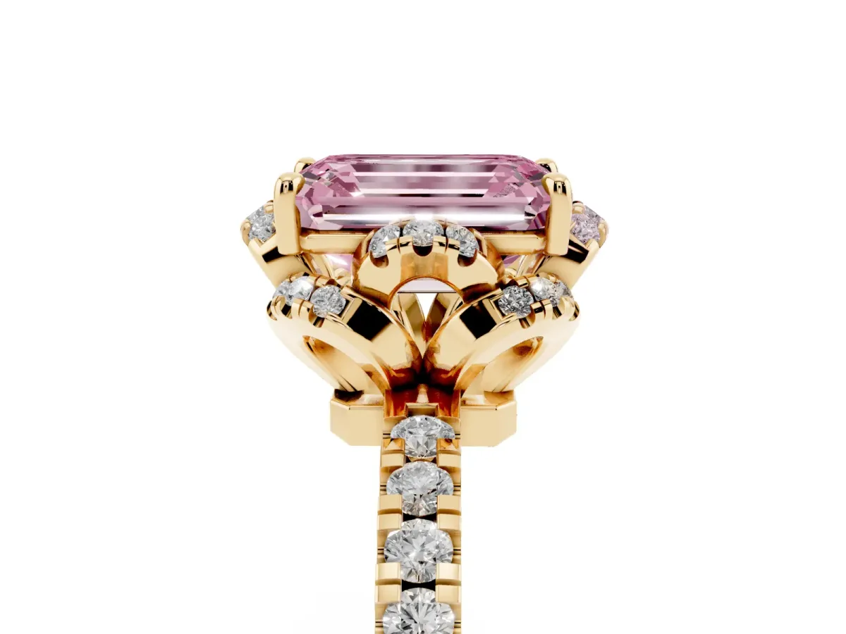 Fancy Pink Emerald Cut Halo Diamond Pave Band Ring with Four-Prong Setting Yellow gold
