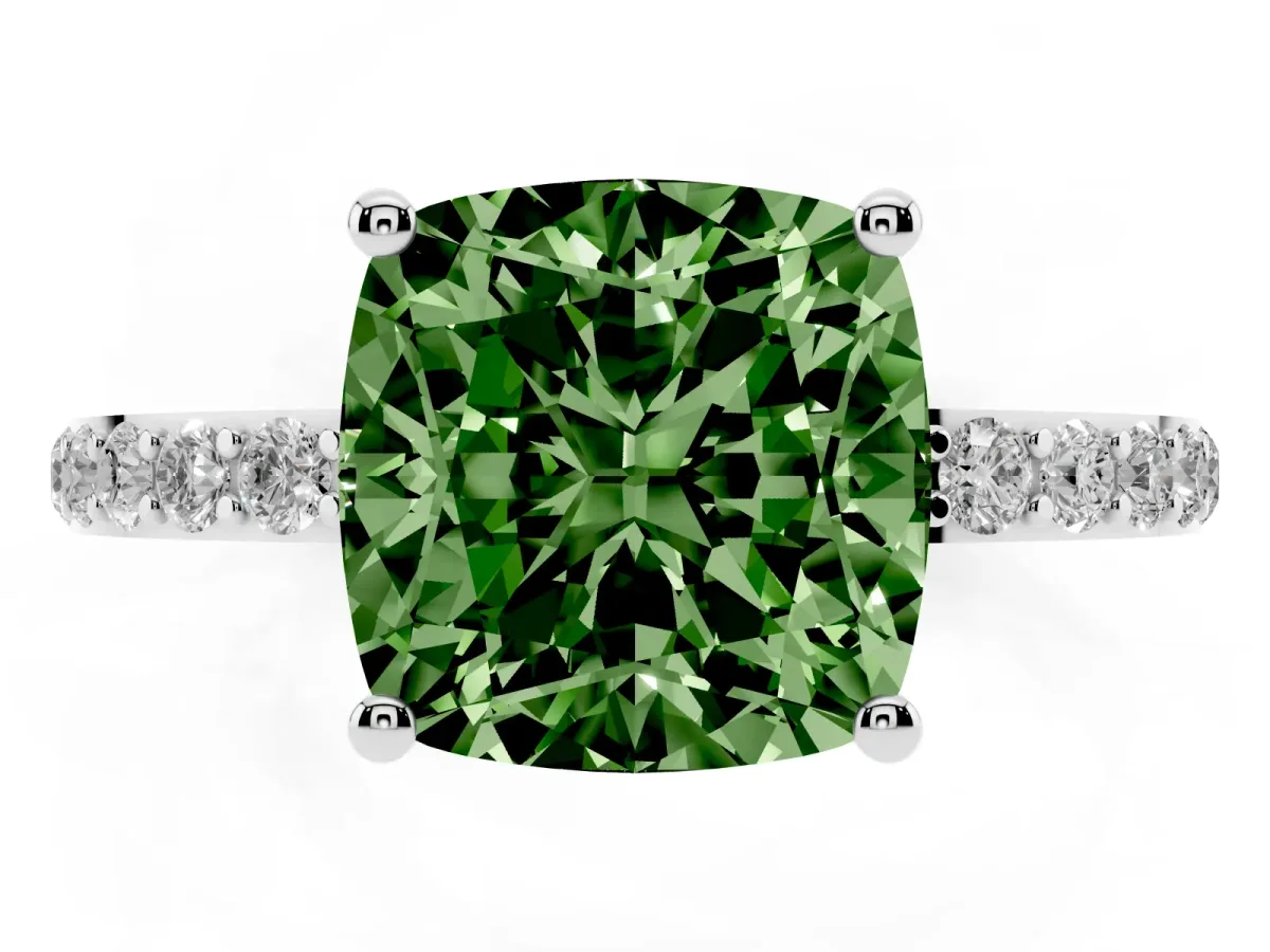 Fancy Green Cushion Cut Diamond Solitaire Ring with Round Pavé Shoulders and Prong Setting Silver