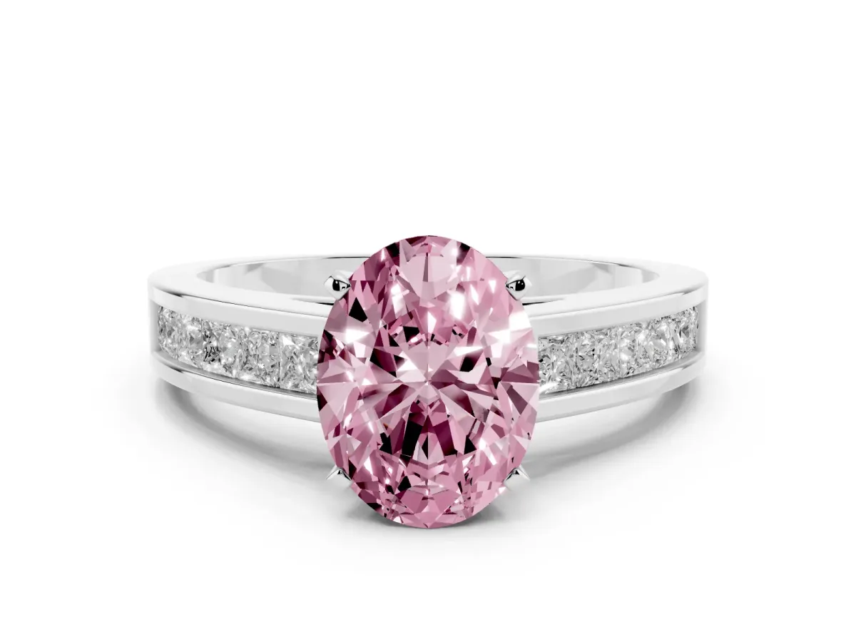 Fancy Pink Oval Cut Solitaire Diamond Ring with Channel-Set Band and Four-Prong Setting Silver