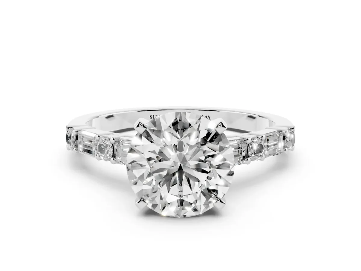 Round Cut Diamond Solitaire with Side Baguettes and Channel Set Band Silver
