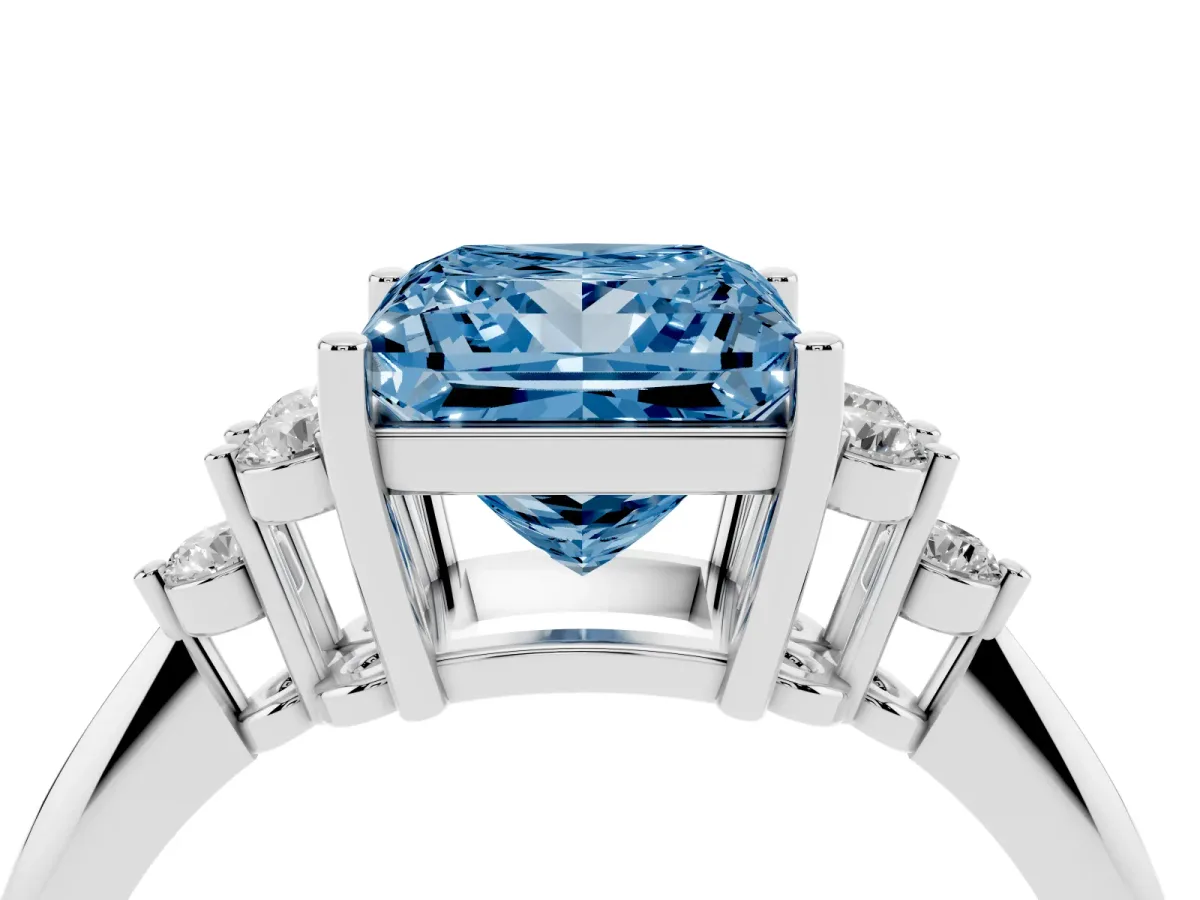 Fancy Blue Princess Cut Cut Diamond Cluster Ring with Solitaire Band and Four-Prong Setting Silver