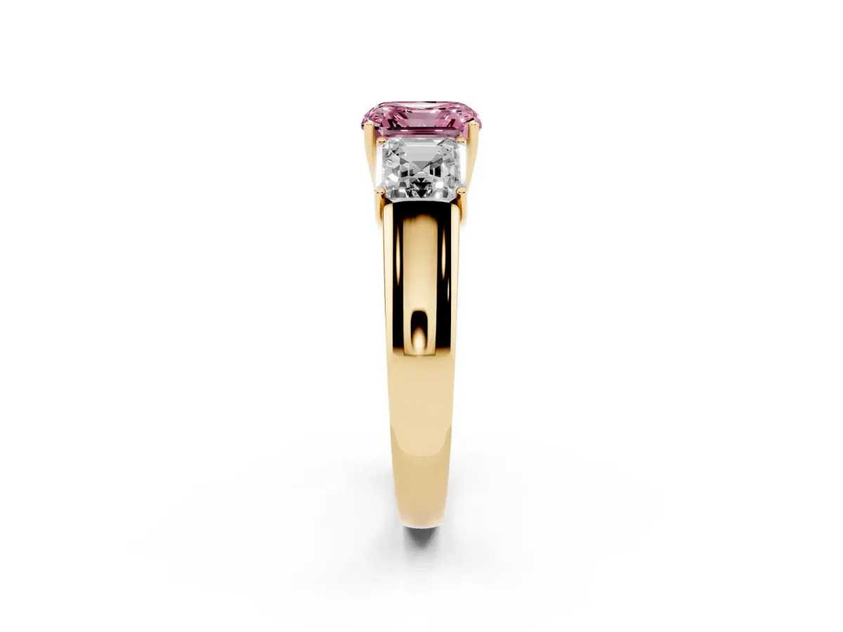 Fancy Pink Three-Stone Asscher Cut Cut Diamond Ring with Prong Setting and Classic Band Yellow gold