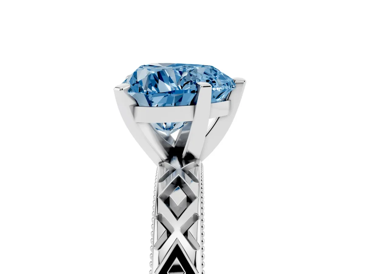Fancy Blue Heart Cut Solitaire Diamond Ring with Milgrain and Black Enamel X Pattern Band Silver