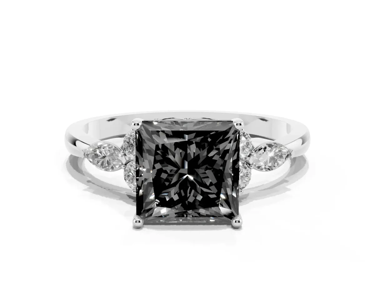 Fancy Black Princess Cut Brilliant Diamond Solitaire Ring with Pear Side Stones and Four-Prong Setting Silver