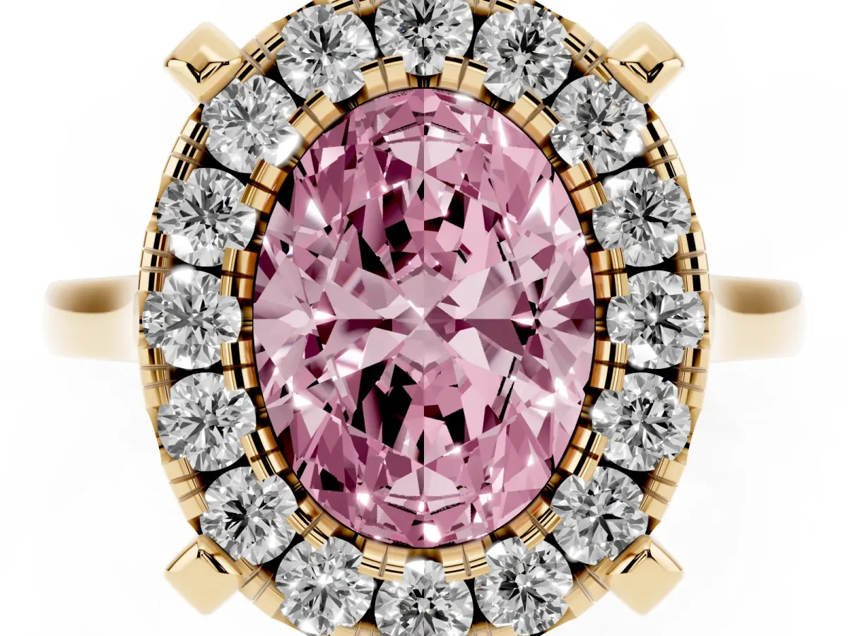 Fancy Pink Oval Cut Diamond Cluster Halo Solitaire with Four-Prong Setting Yellow gold