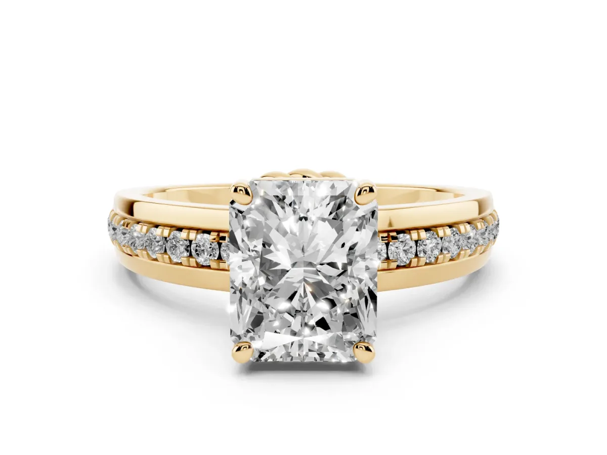 Radiant Cut Solitaire Diamond Ring with Channel Set Band and Six-Prong Setting Yellow gold