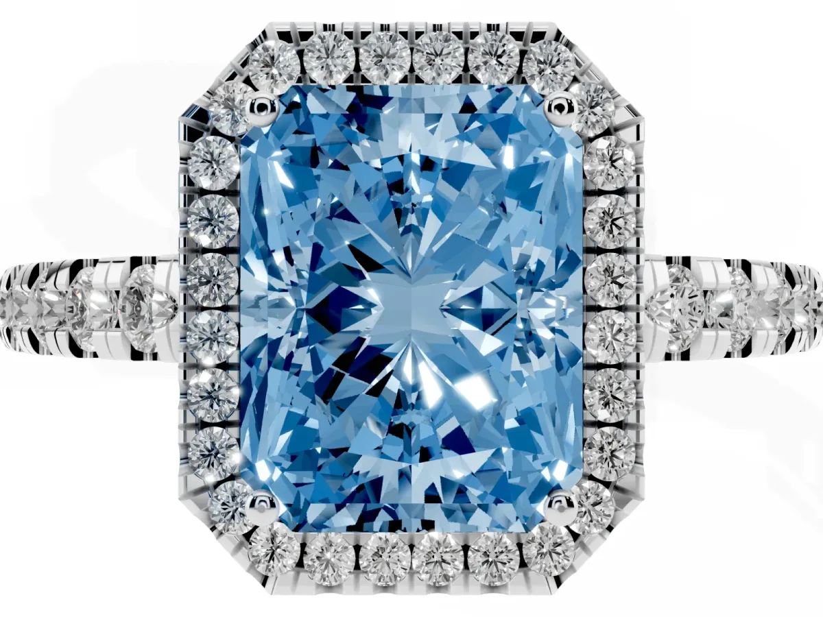 Fancy Blue Radiant Cut Diamond Halo Ring with Pavé Band and Four-Prong Setting White gold