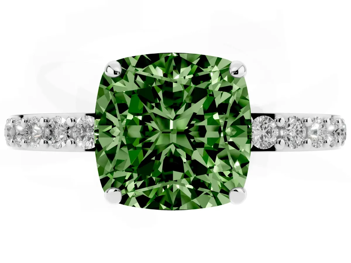 Fancy Green Cushion Cut Diamond Solitaire Engagement Ring with Pavé Band and Four-Prong Setting Silver