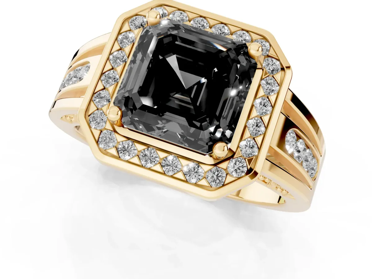 Fancy Black Asscher Cut Diamond Halo Ring with Split Shank and Bezel Accents and Prong Setting Yellow gold