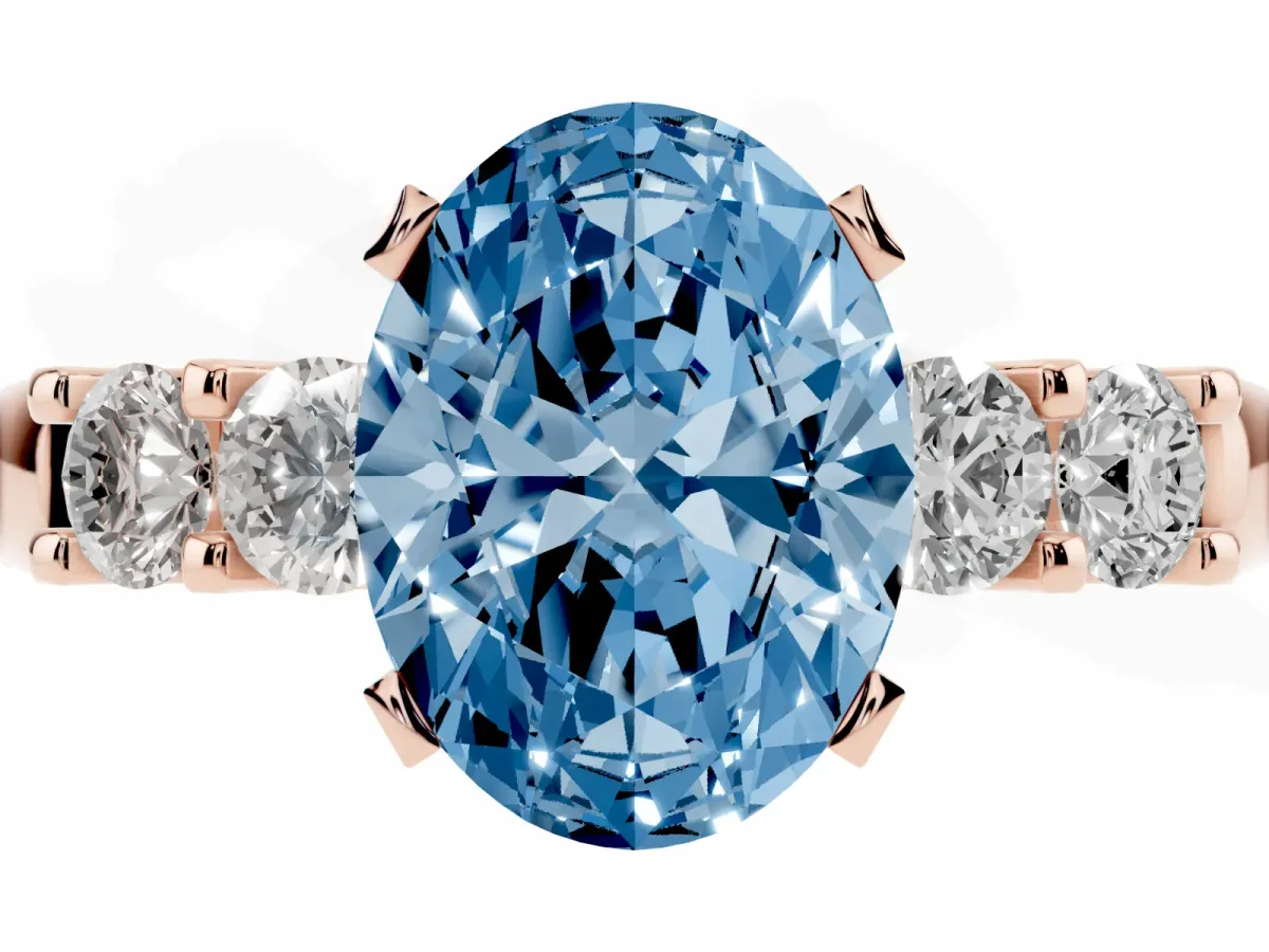 Fancy Blue Oval Cut Brilliant Cut Diamond Five-Stone Prong Set Engagement Ring with Channel Band Rose gold