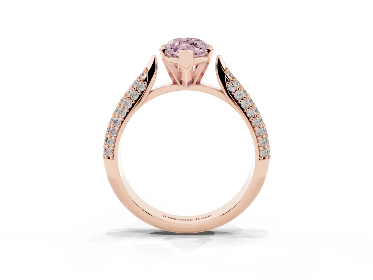 Fancy Pink Marquise Cut Diamond Solitaire Engagement Ring with Multi-Row Round Pavé Band and Prong Setting Rose gold