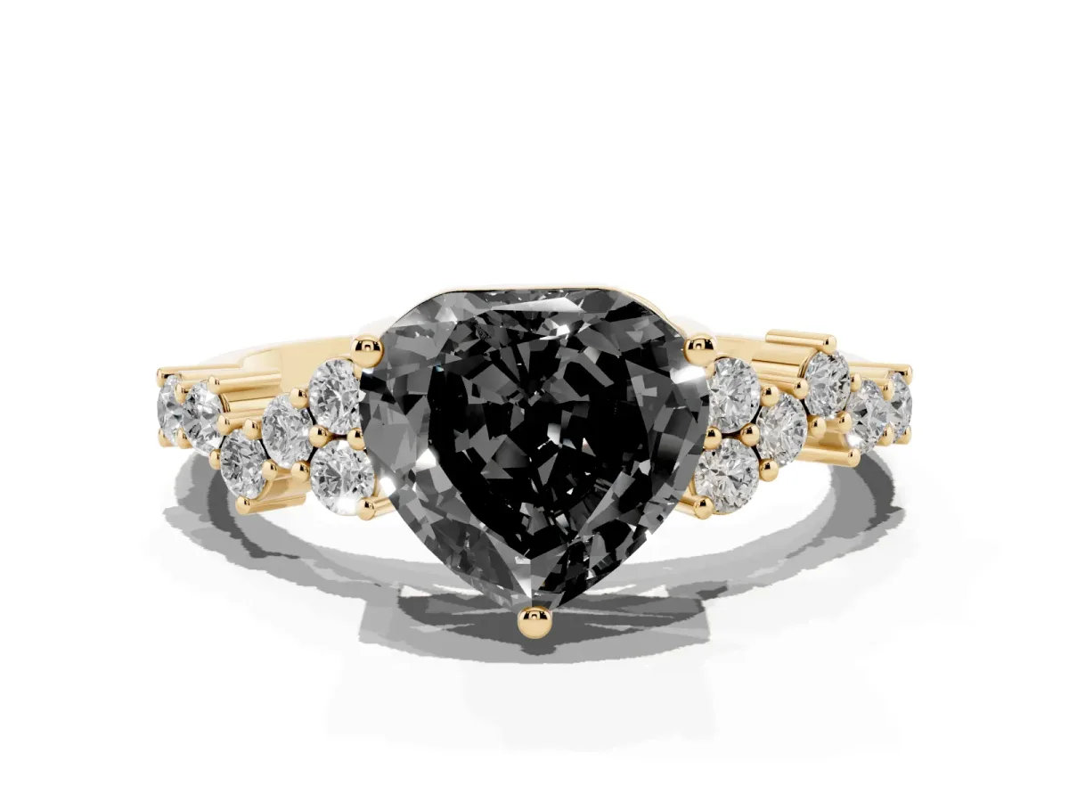 Fancy Black Heart Cut Diamond Scattered Round Accent Ring with Prong Setting Yellow gold