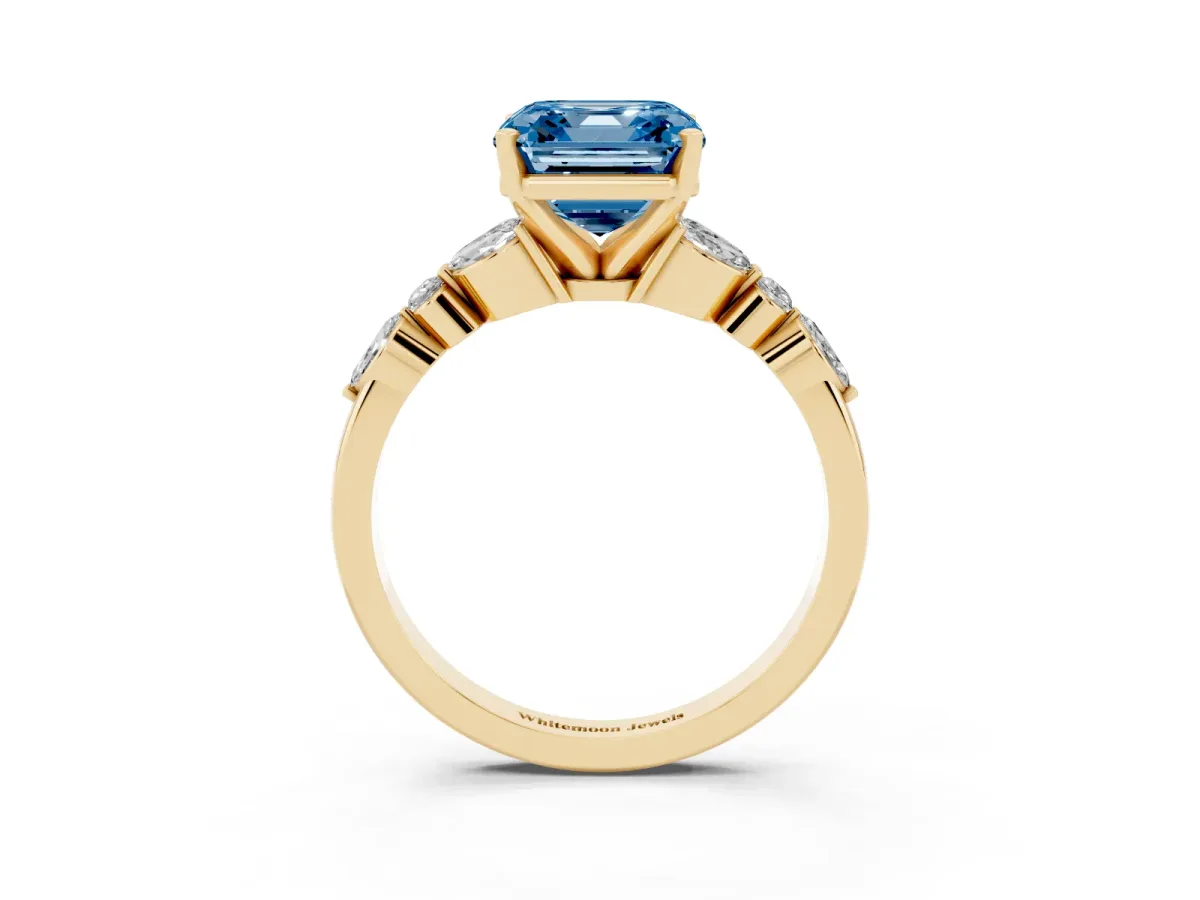 Fancy Blue Asscher Cut Diamond Solitaire Ring with Side Stones and Four-Prong Setting Yellow gold