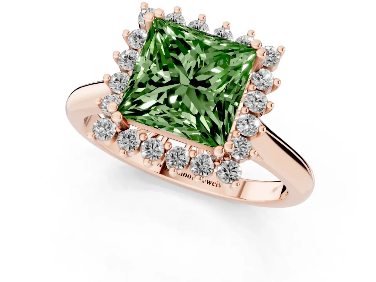 Fancy Green Princess Cut Cut Diamond Halo Ring with Solitaire Band and Prong Setting Rose gold