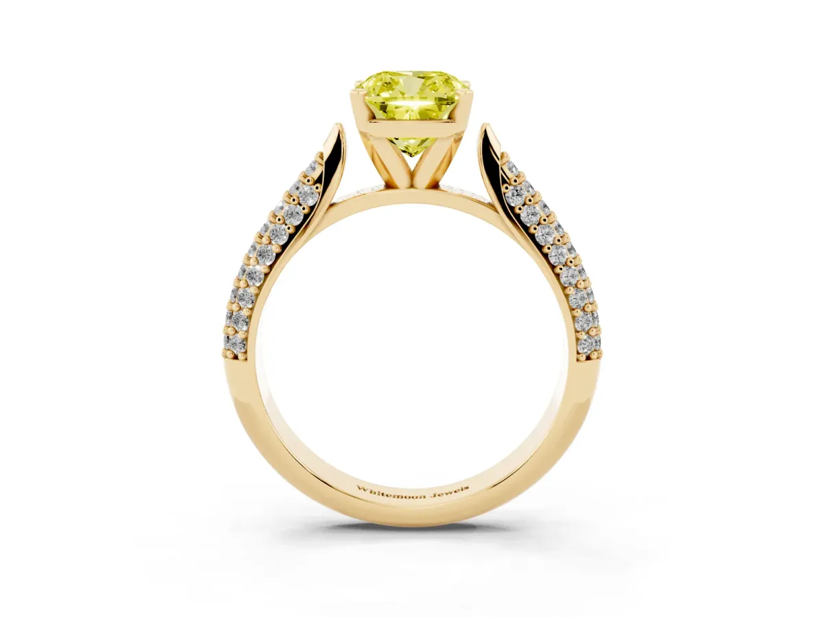 Fancy Yellow Cushion Cut Diamond Solitaire Engagement Ring with Multi-Row Round Pavé Band and Prong Setting Yellow gold