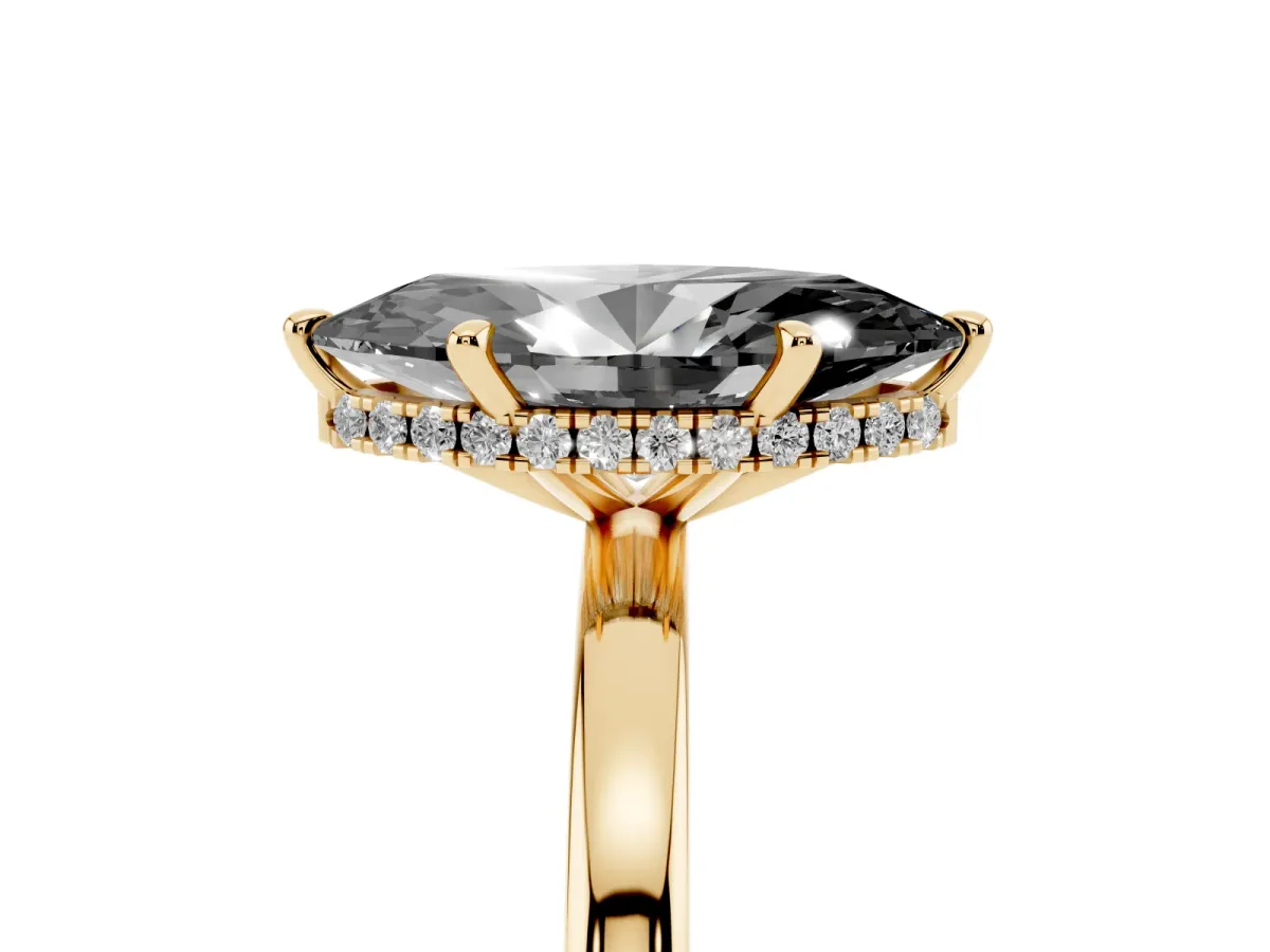 Fancy Black Marquise Cut Solitaire Engagement Ring with Cathedral Band and Four-Prong Setting Yellow gold