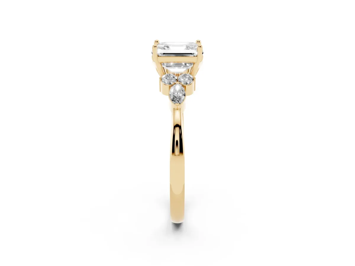 Asscher Cut Brilliant Diamond Solitaire Ring with Pear Side Stones and Four-Prong Setting Yellow gold