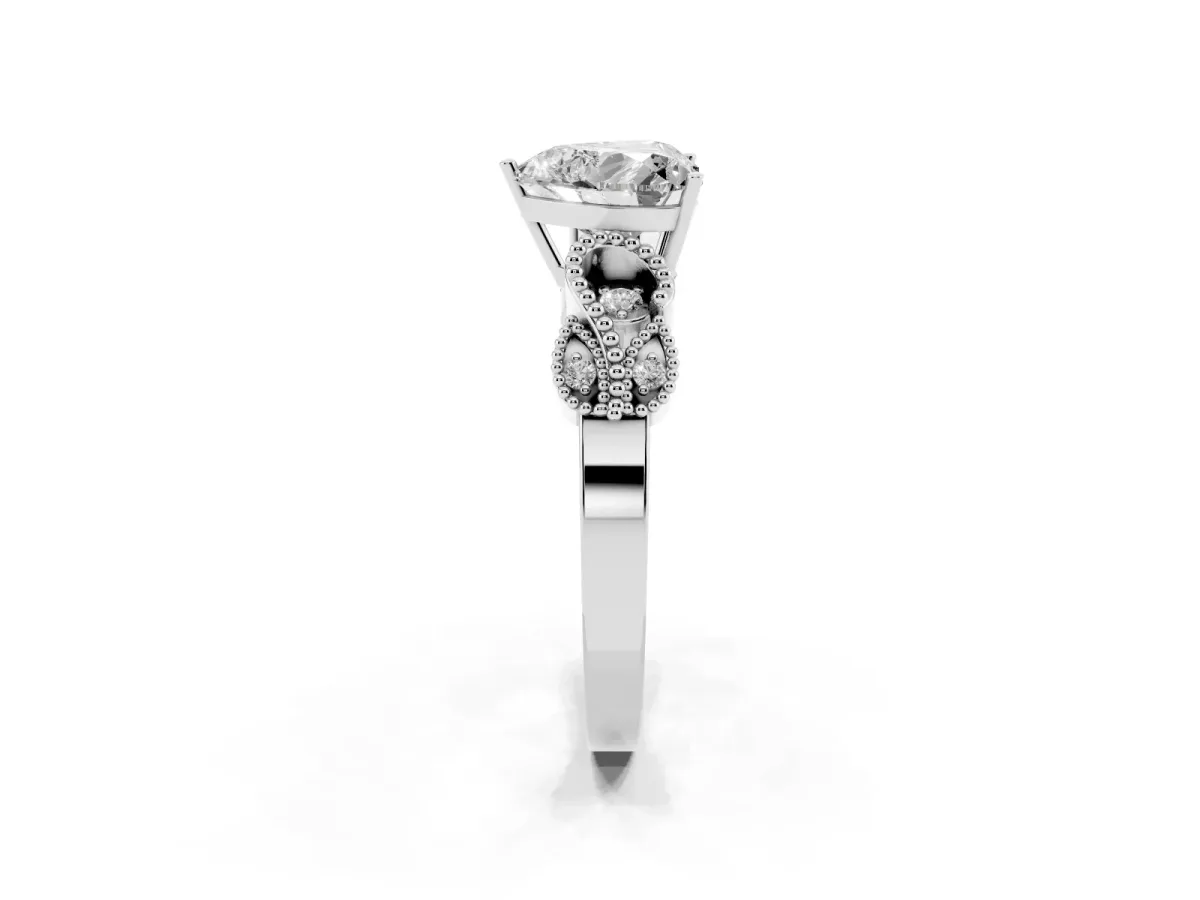 Heart Cut Solitaire Milgrain Leaf Band with Prong Setting Silver