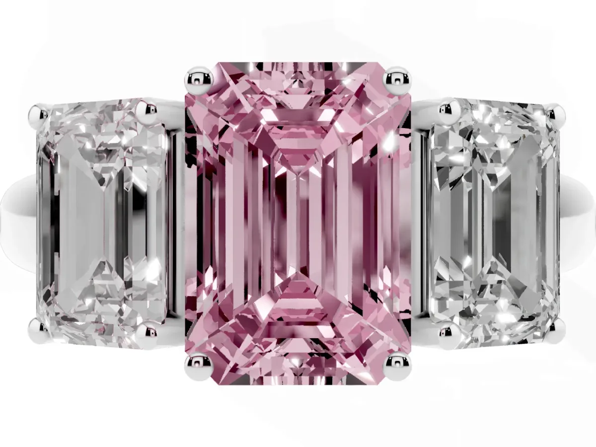 Fancy Pink Three-Stone Emerald Cut Diamond Engagement Ring with Prong Setting Platinum