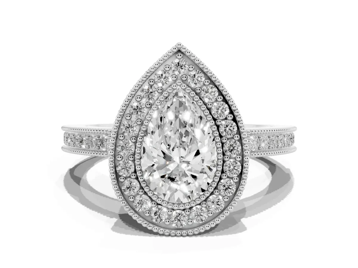 Pear Cut Cut Halo Diamond Ring with Pavé Band and Milgrain Prong Setting Silver