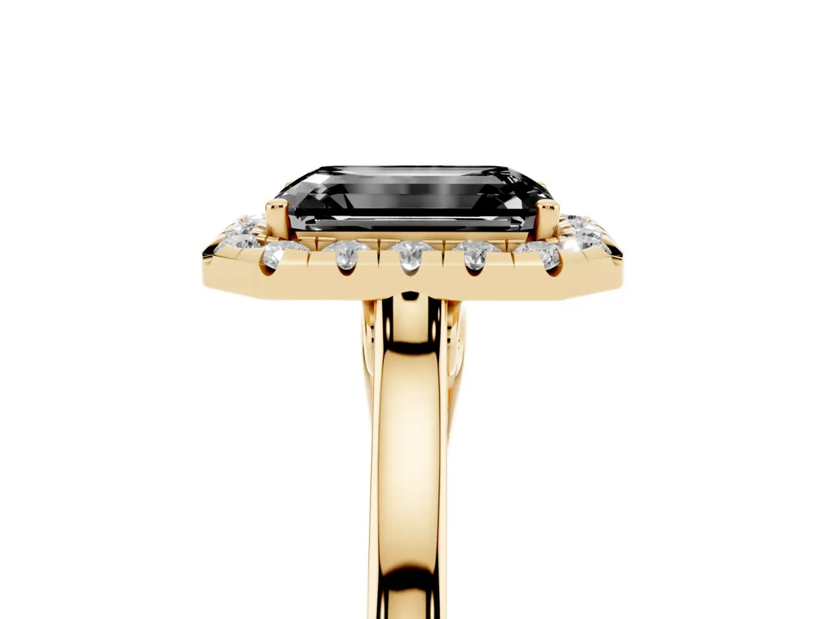 Fancy Black Emerald Cut Halo Round Diamond Solitaire Ring with Pavé Band and Four-Prong Setting Yellow gold