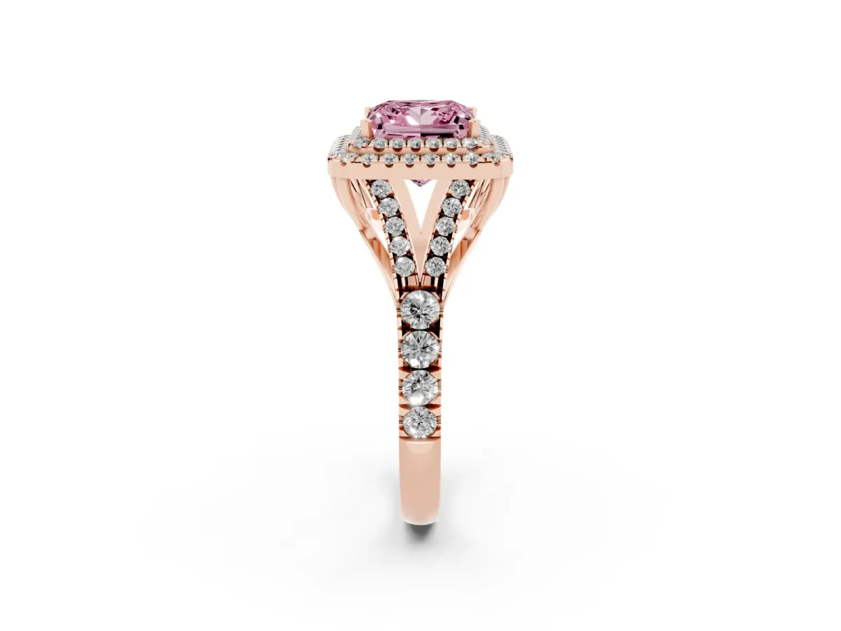 Fancy Pink Princess Cut Diamond Double Halo Ring with Split Shank and Prong Setting Rose gold