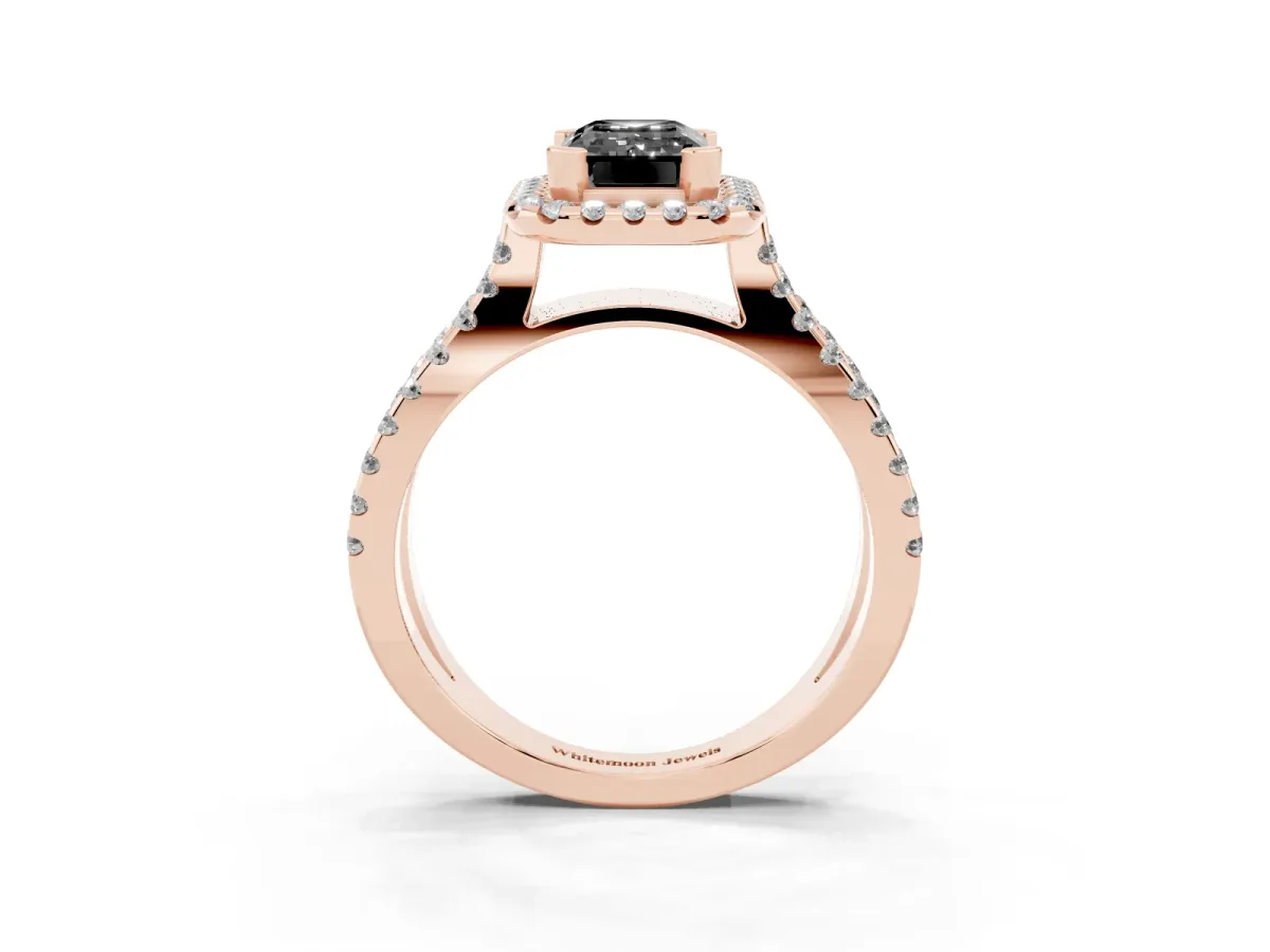 Fancy Black Emerald Cut Diamond Halo Ring with Split Shank Pavé Band and Prong Setting Rose gold