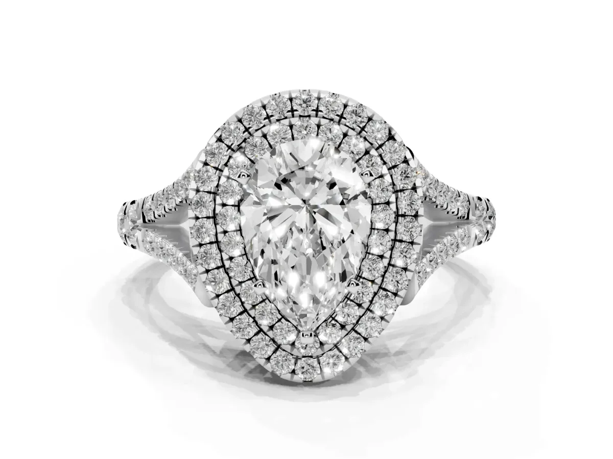 Pear Cut Diamond Double Halo Ring with Split Shank and Prong Setting White gold