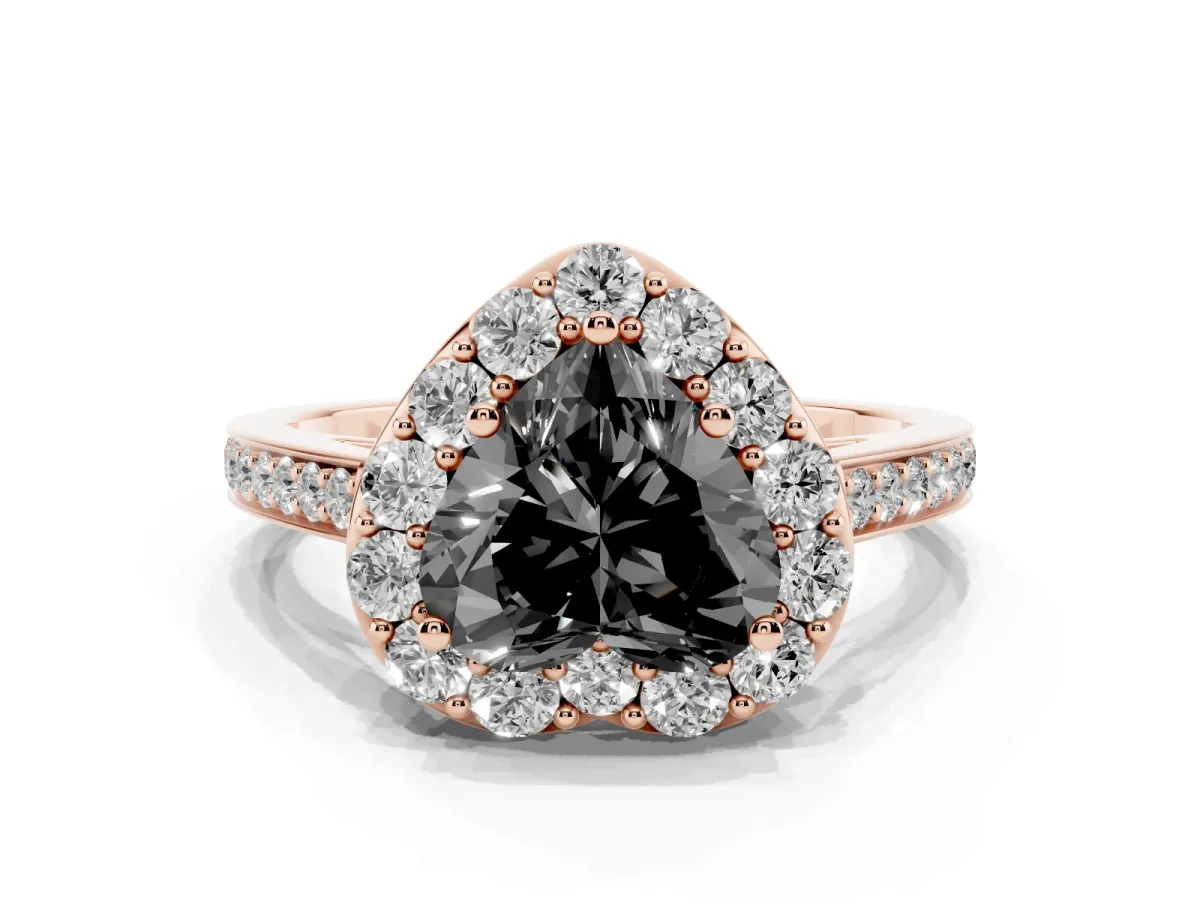 Fancy Black Heart Cut Diamond Floral Halo Ring with Pavé Band and Prong Setting Rose gold