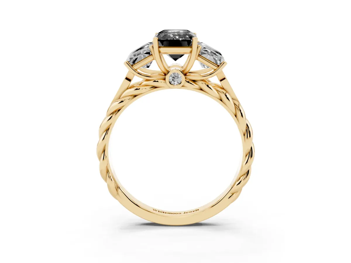 Fancy Black Three-Stone Emerald Cut Diamond Braided Band Ring with Four-Prong Setting Yellow gold