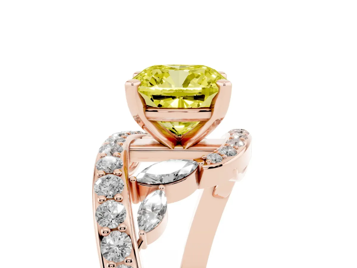 Fancy Yellow Cushion Cut Solitaire with Pavé Twist Band and Four-Prong Setting Rose gold