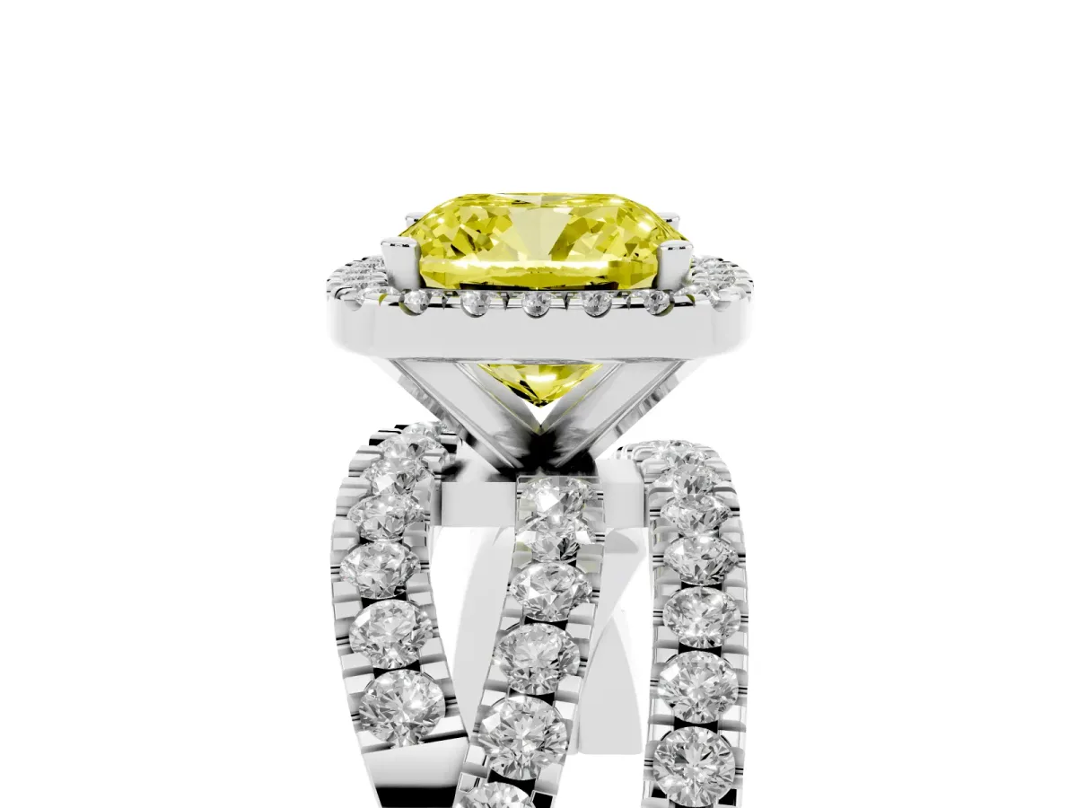 Fancy Yellow Cushion Cut Diamond Halo Ring with Round Split Shank and Prong Setting Silver