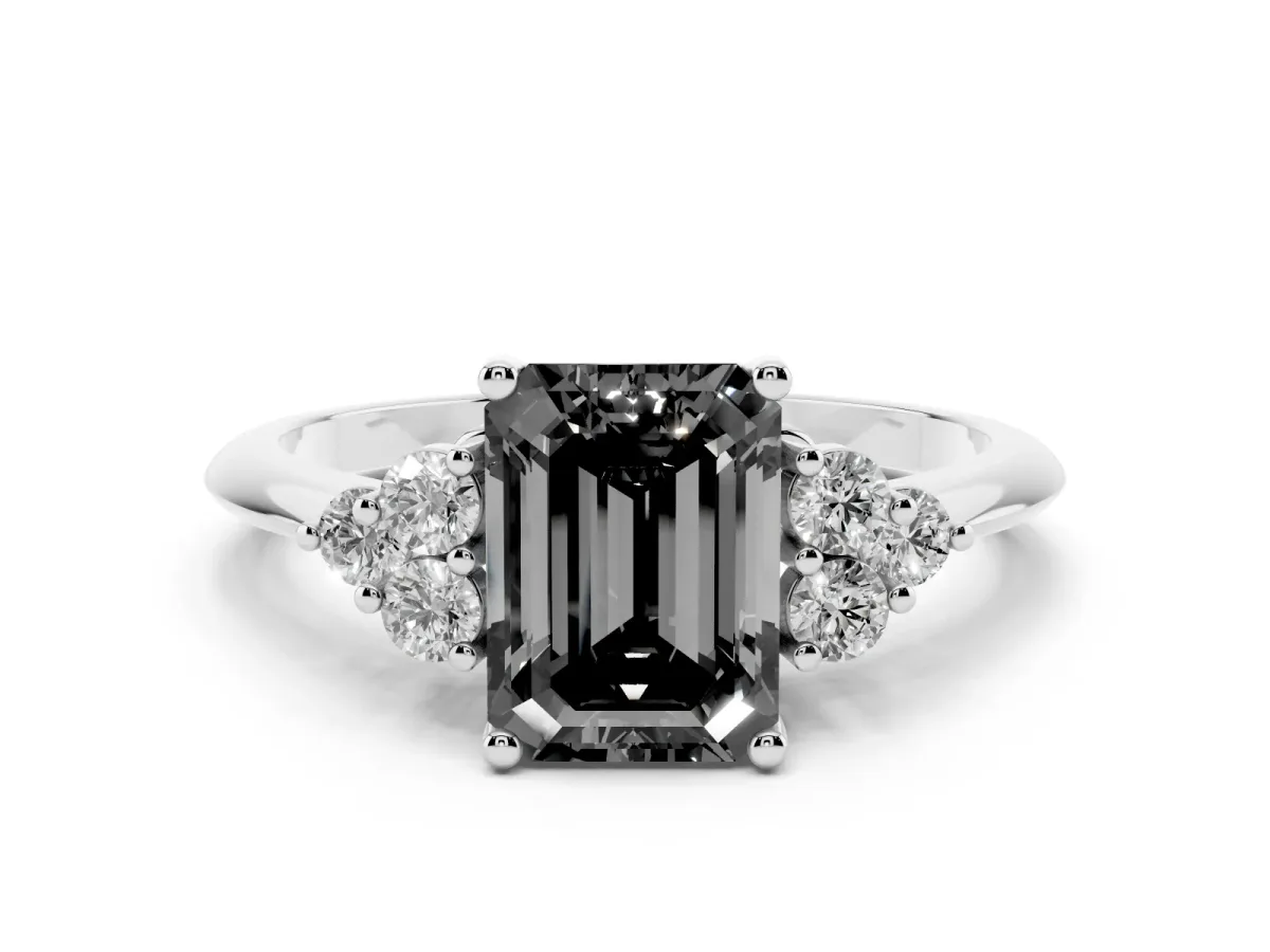 Fancy Black Emerald Cut Cut Diamond Cluster Ring with Solitaire Band and Four-Prong Setting Silver