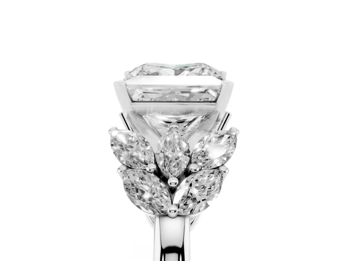 Princess Cut Diamond Cluster Leaf Design Ring with Prong Setting White gold