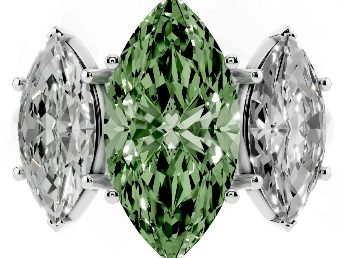Fancy Green Three-Stone Marquise Cut Diamond Engagement Ring with Prong Setting Silver