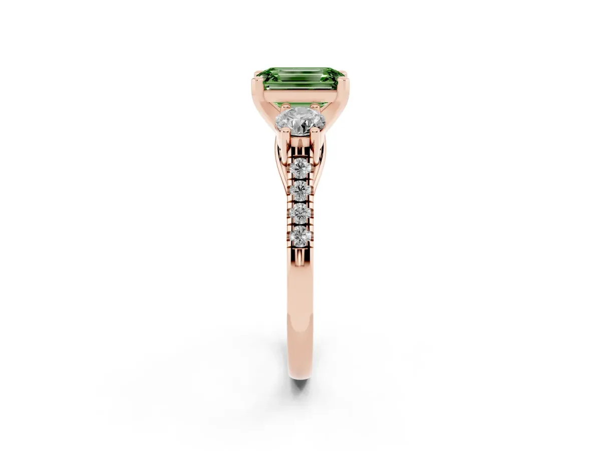 Fancy Green Three-Stone Emerald Cut Diamond Pavé Band with Four-Prong Setting Rose gold