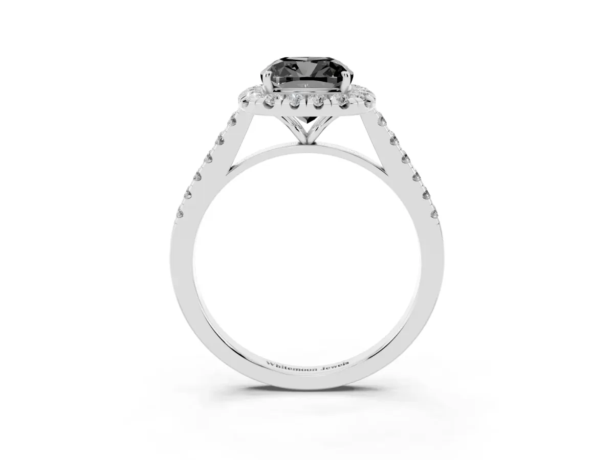Fancy Black Cushion Cut Halo Pave Diamond Engagement Ring with Four-Prong Setting Silver