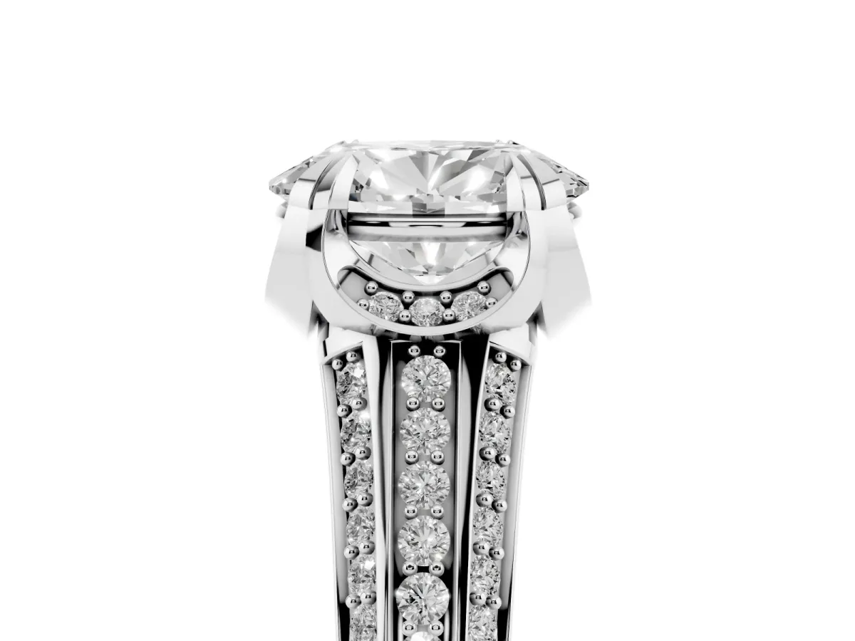 Oval Cut Solitaire Pave Split Shank Ring with Four-Prong Setting Platinum