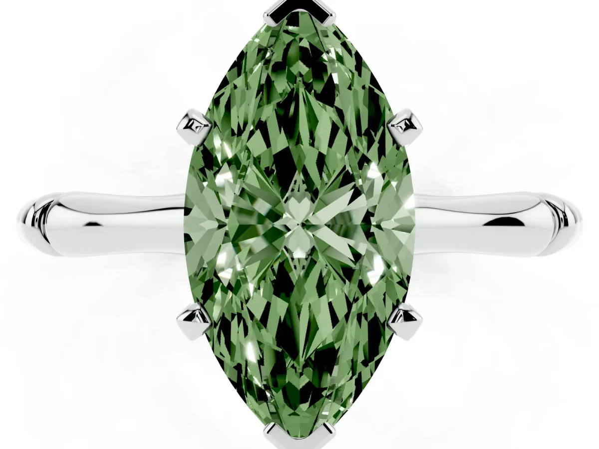 Fancy Green Marquise Cut Solitaire Diamond Ring with Bamboo Band and Four-Prong Setting Silver