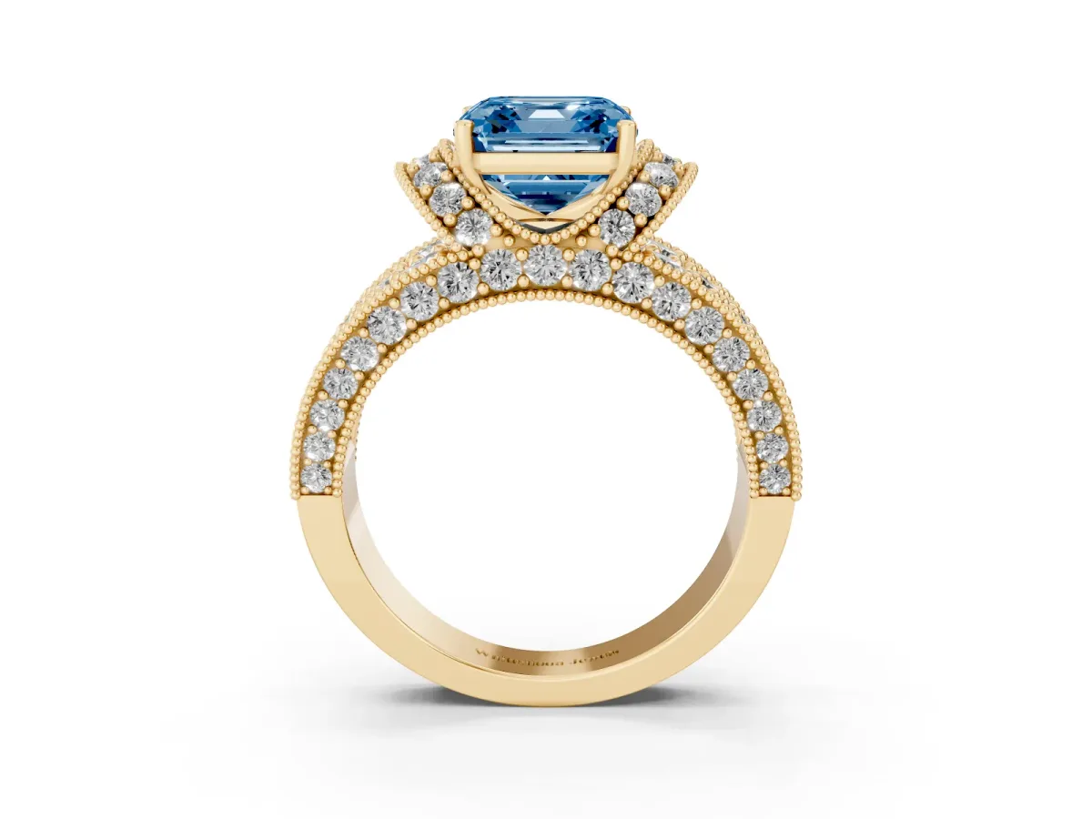 Fancy Blue Asscher Cut Halo Pave Diamond Engagement Ring with Milgrain Detailing Yellow gold