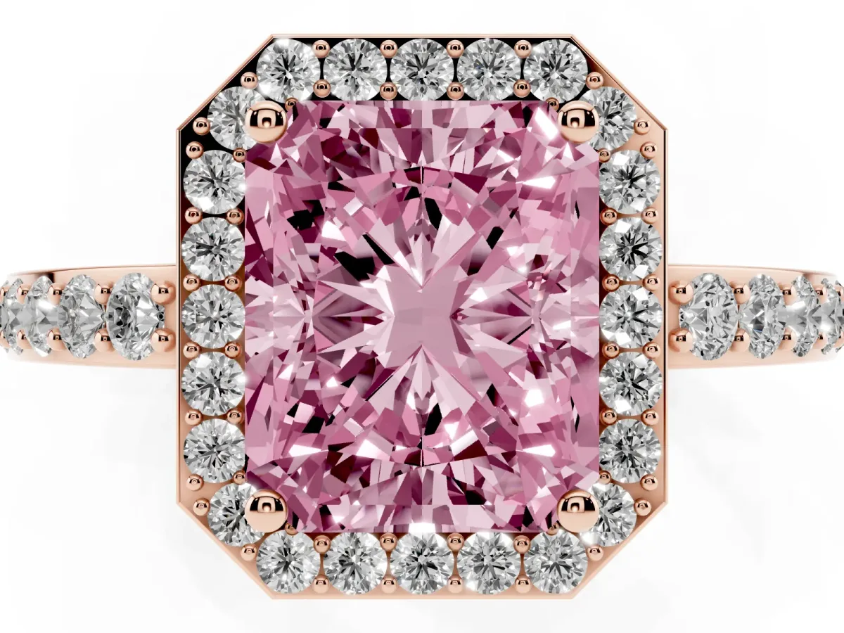 Fancy Pink Radiant Cut Halo Diamond Pavé Band Ring with Prong Setting Rose gold