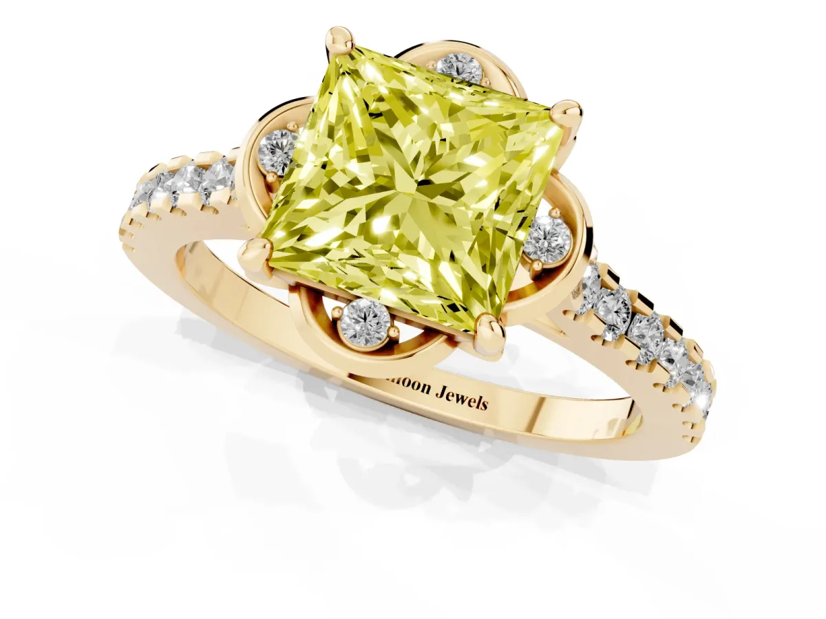 Fancy Yellow Princess Cut Diamond Ring with Pavé Band and Floral Prong Setting Yellow gold
