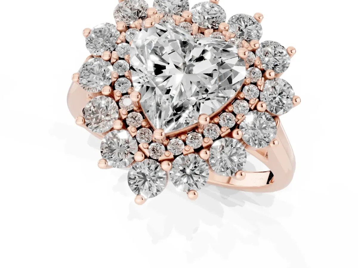 Heart Cut Diamond Floral Double Halo Engagement Ring with Prong Setting Rose gold