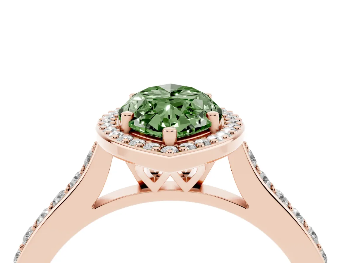 Fancy Green Marquise Cut Diamond Halo Engagement Ring with Round Pavé Shoulders and Prong Setting Rose gold