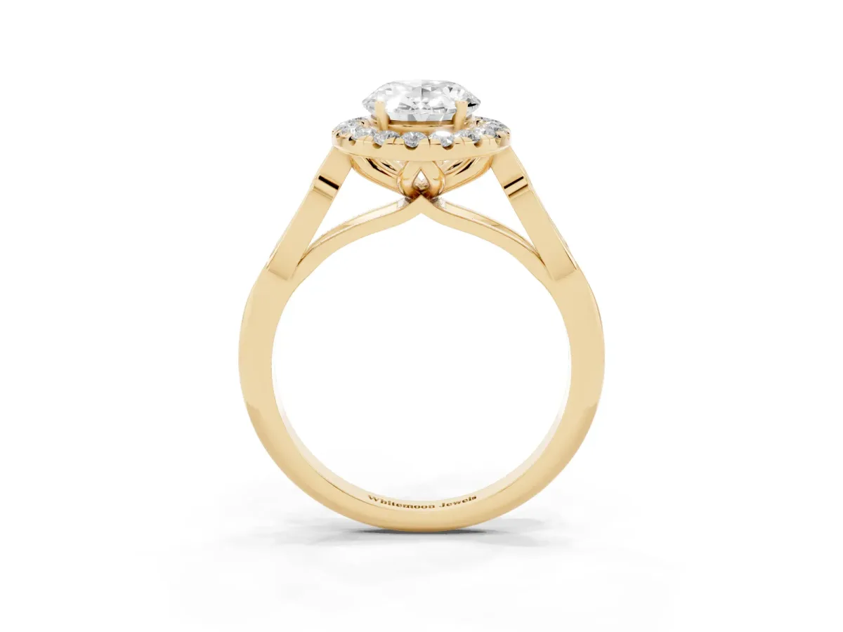 Oval Cut Halo Diamond Engagement Ring with Filigree Band and Four-Prong Setting Yellow gold