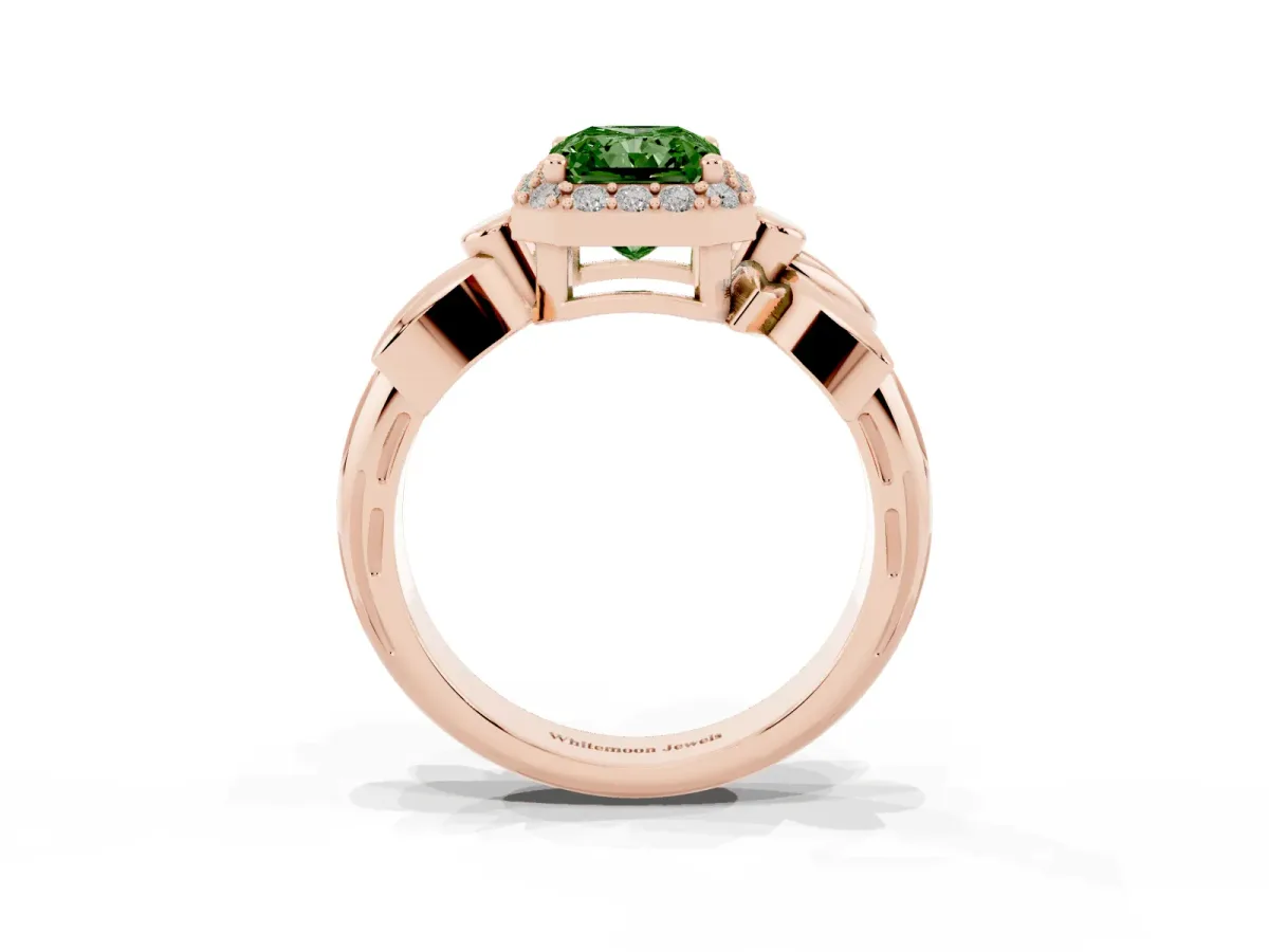 Fancy Green Radiant Cut Halo Diamond Floral Band with Four-Prong Setting Rose gold
